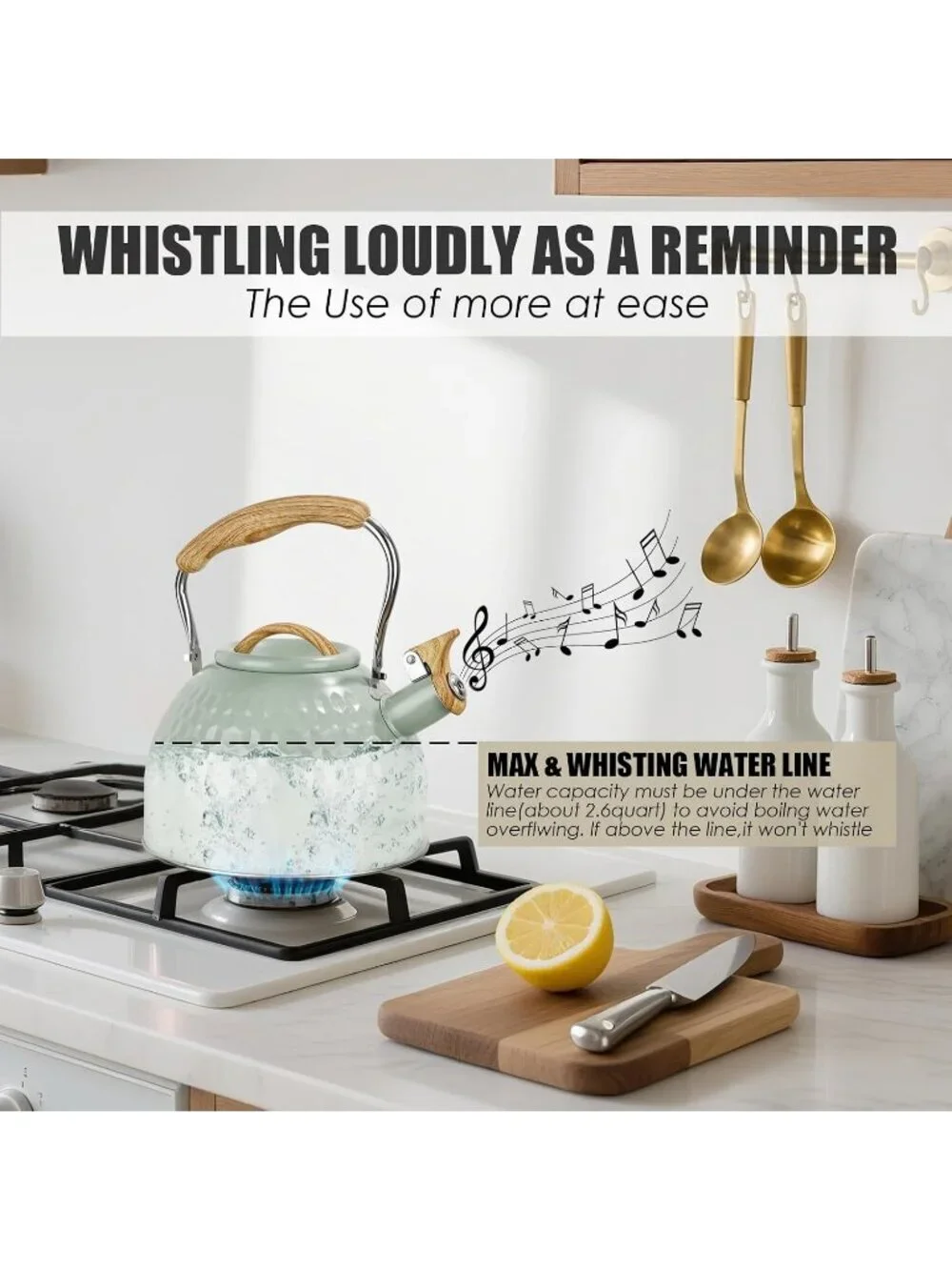 Green Kitchen Whistling Tea Kettle 3 L Stainless Steel Stovetop Folding Handle